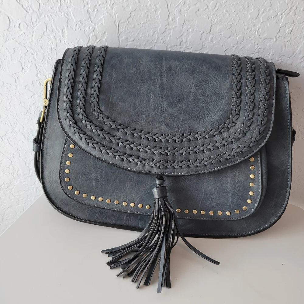 Antik Kraft Gray/ Blue Western Studded Saddle Bag Purse